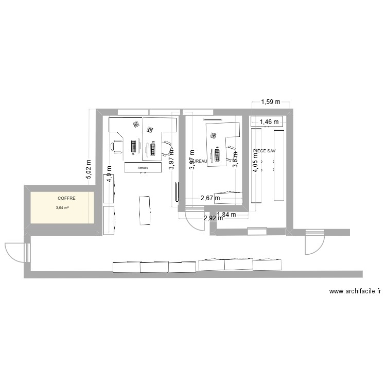 1 .BUREAU SAV LONGUEUR + BASTIEN  + DBLE FICHIER. Plan de 1 pièce et 4 m2