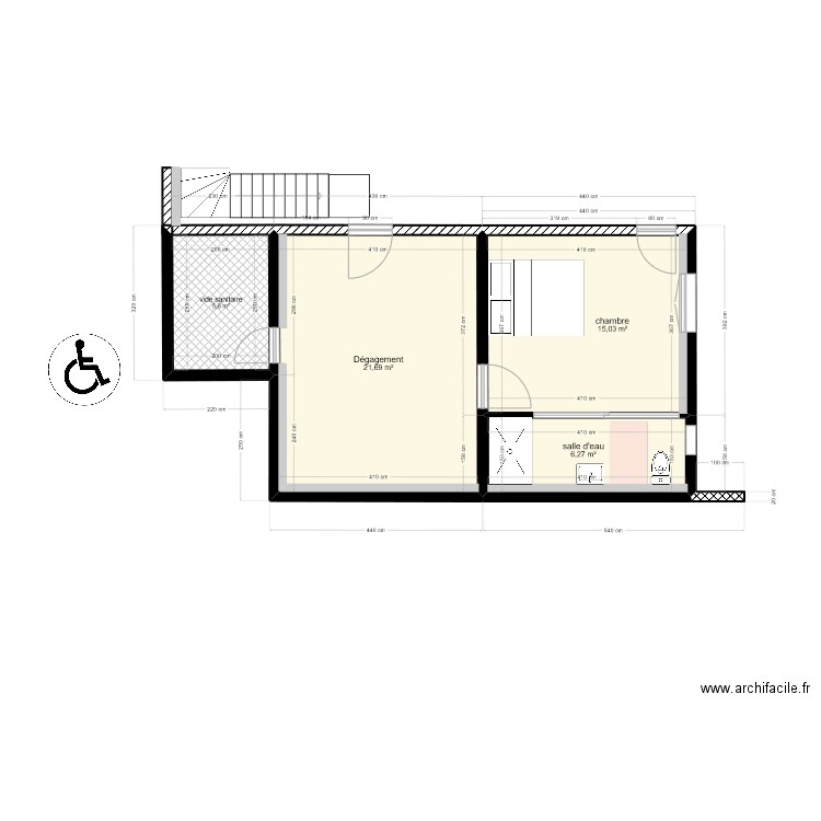 Niveau RDCbis. Plan de 4 pièces et 45 m2