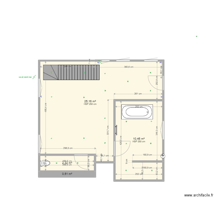 haut SDB . Plan de 4 pièces et 38 m2