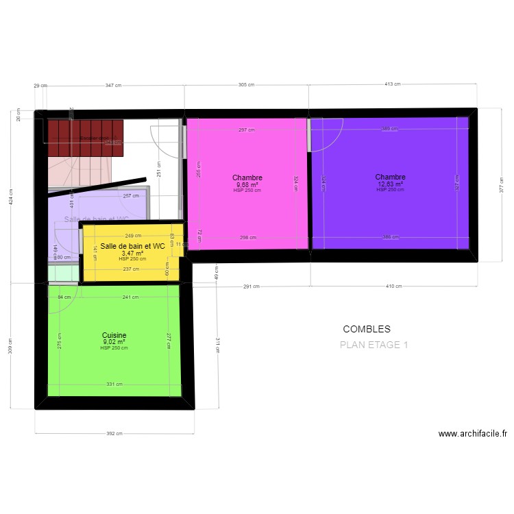 COMBLE FINIT. Plan de 15 pièces et 123 m2