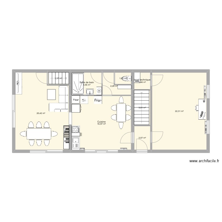 Plan RDC avec ouvertures cuisine et grange Existant bis. Plan de 10 pièces et 74 m2