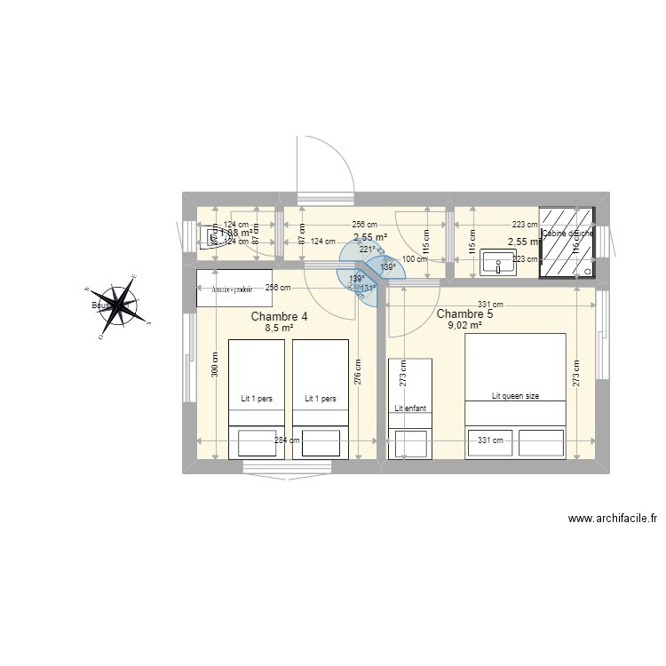 Double chambre 6,7x4,4. Plan de 5 pièces et 24 m2