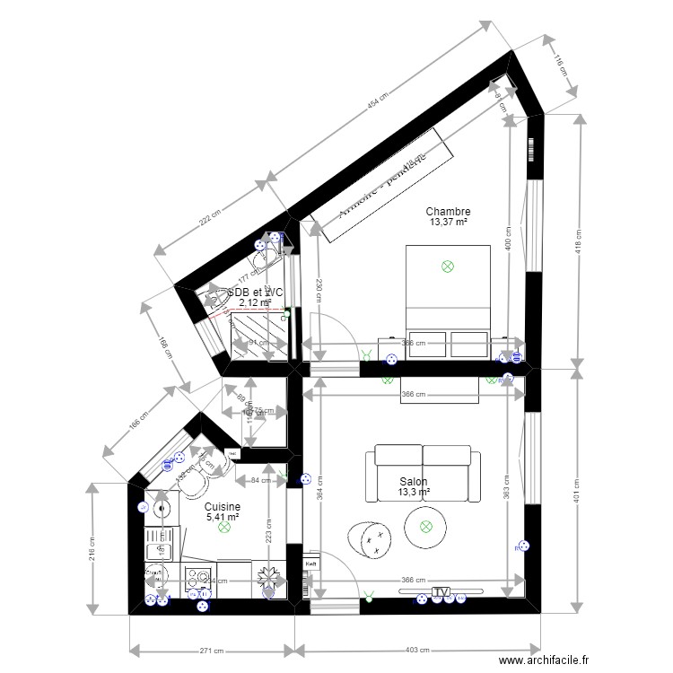 Plan montaigne. Plan de 4 pièces et 34 m2