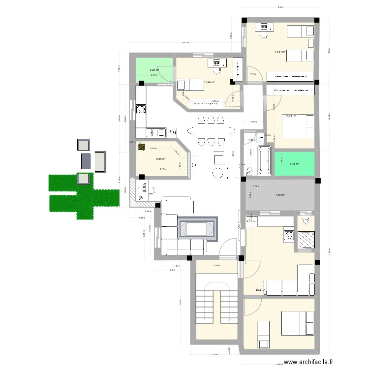 2er étage . Plan de 9 pièces et 98 m2