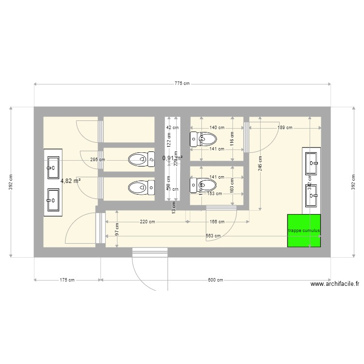 sanitaires galerie 57. Plan de 7 pièces et 22 m2