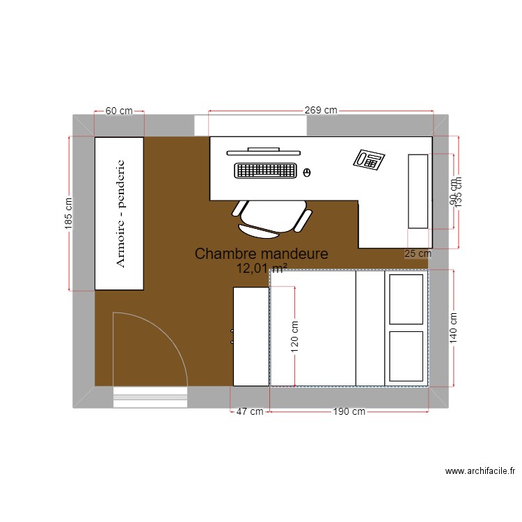 Plan chambre mandeure. Plan de 1 pièce et 12 m2