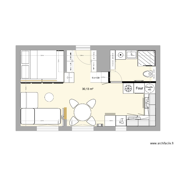 Biarritz 5 implantation cloisons. Plan de 1 pièce et 30 m2