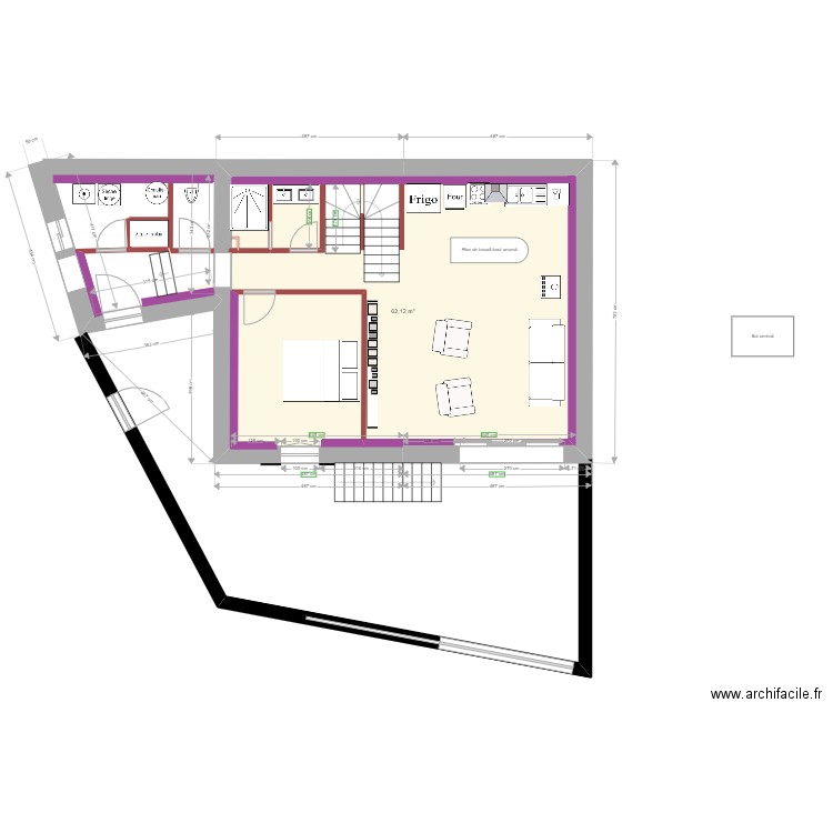 Plan RDC avec chambre. Plan de 1 pièce et 62 m2