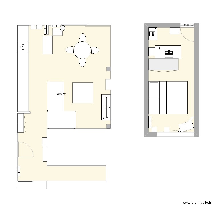 Appart. Plan de 2 pièces et 55 m2