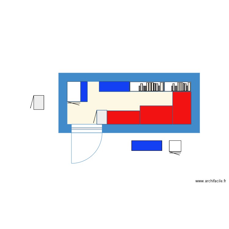 la CAVE V2 avec meuble cuisine en 60 de prof + Mini biblio 60x20. Plan de 1 pièce et 5 m2