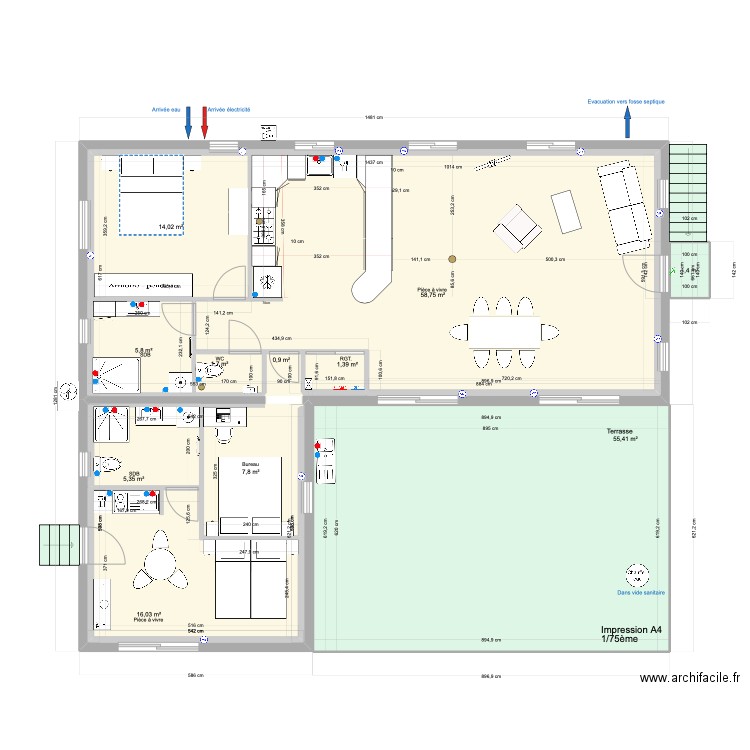 Gîte Plan Plomberie. Plan de 13 pièces et 290 m2