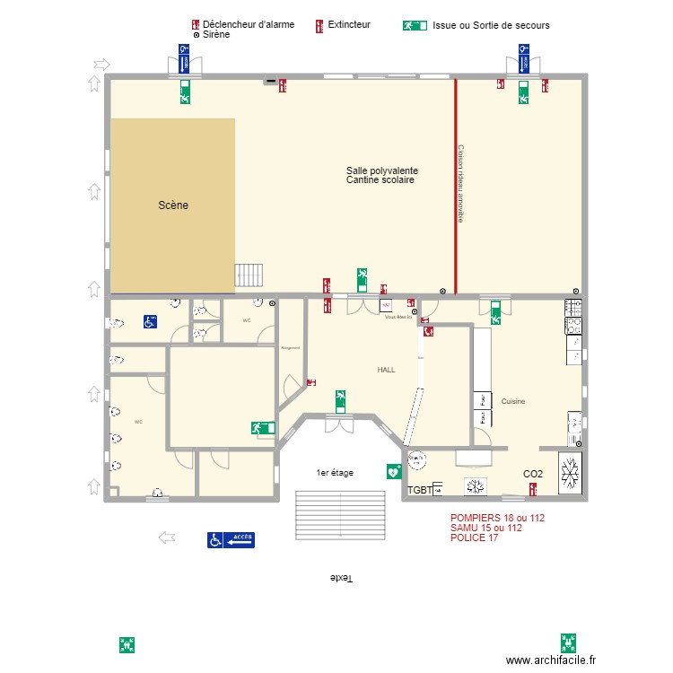 Fosseuse salle polyvalente plan d'évacuation 11/23. Plan de 9 pièces et 463 m2