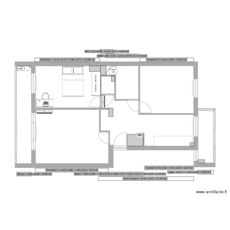 appart_54m2_3_chambres. Plan de 5 pièces et 32 m2