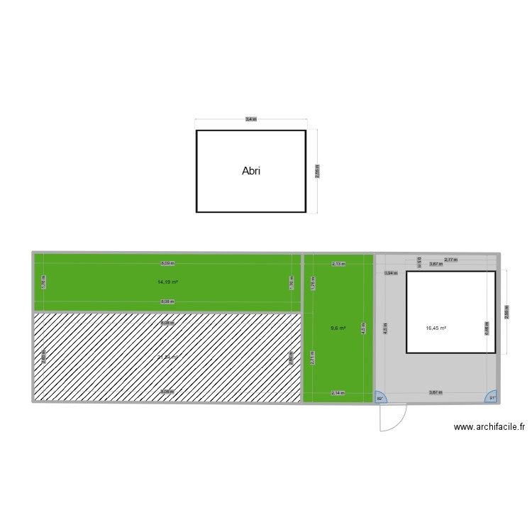 Abri de jardin. Plan de 4 pièces et 62 m2