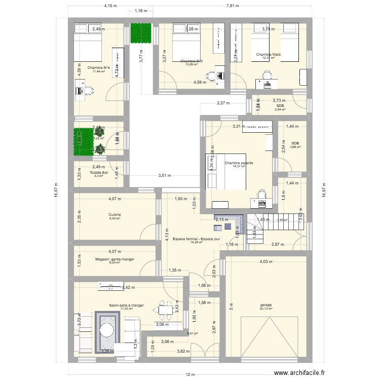 Maison Bèye N2 esp Jour et esp nuit. Plan de 15 pièces et 145 m2