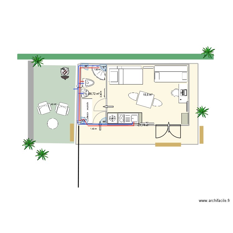 Kerg v T seches. Plan de 3 pièces et 30 m2