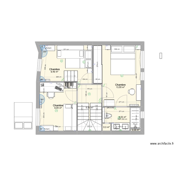 M1 Niveau R+2. Plan de 7 pièces et 42 m2