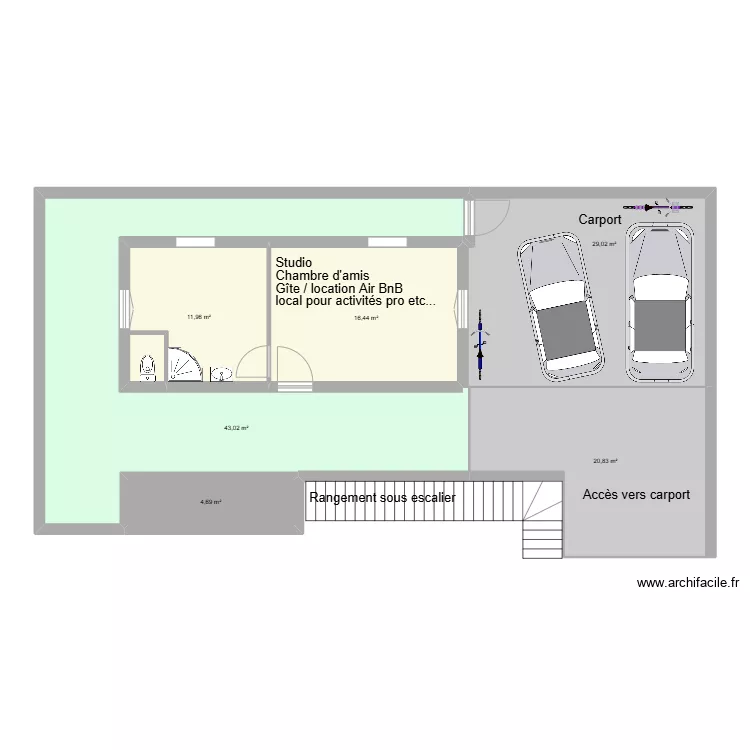 Arri&egrave;re maison avec studio et carport. Plan de 