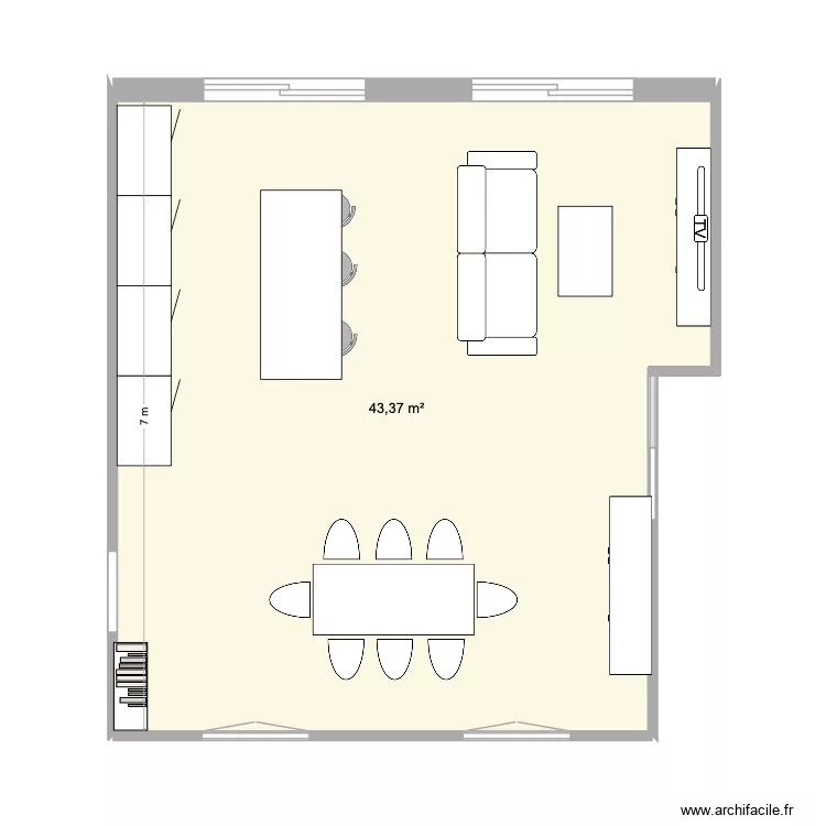 Pi&egrave;ce de vie. Plan de 1  et 43 m²