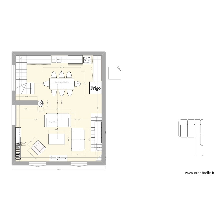 salon. Plan de 1 pièce et 49 m2