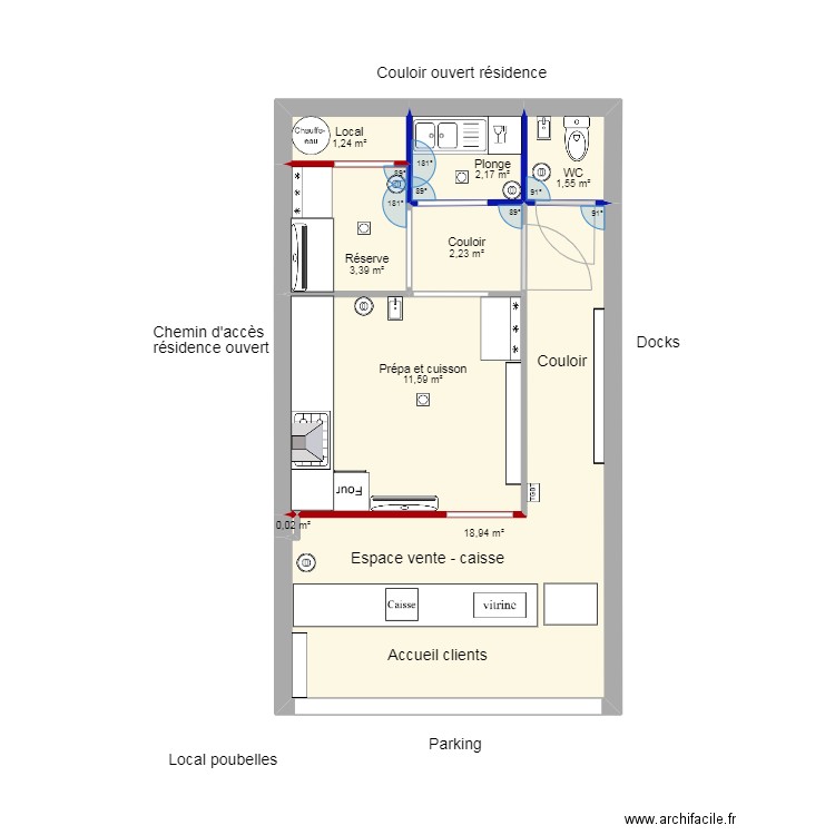 Local Pizza 9. Plan de 8 pièces et 41 m2