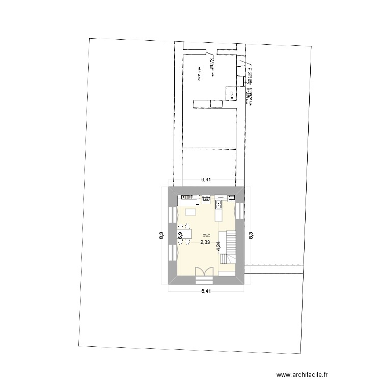 V1a_Longère escalier nord cuisine sud est. Plan de 5 pièces et 60 m2
