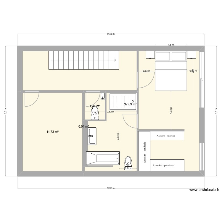 Grande salle de bain - 5 - 2 portes d'accès. Plan de 5 pièces et 51 m2