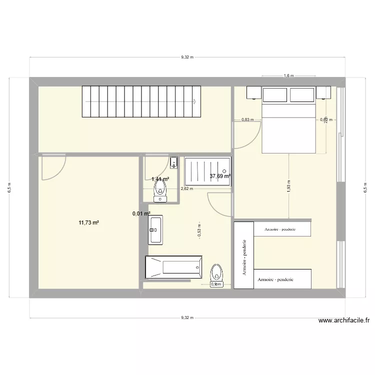 Grande salle de bain - 5 - 2 portes d'accès. Plan de 5 pièces et 51 m² Grande salle de bain - 5 - 2 portes d'accès. Plan de 5 pièces et 51 m²