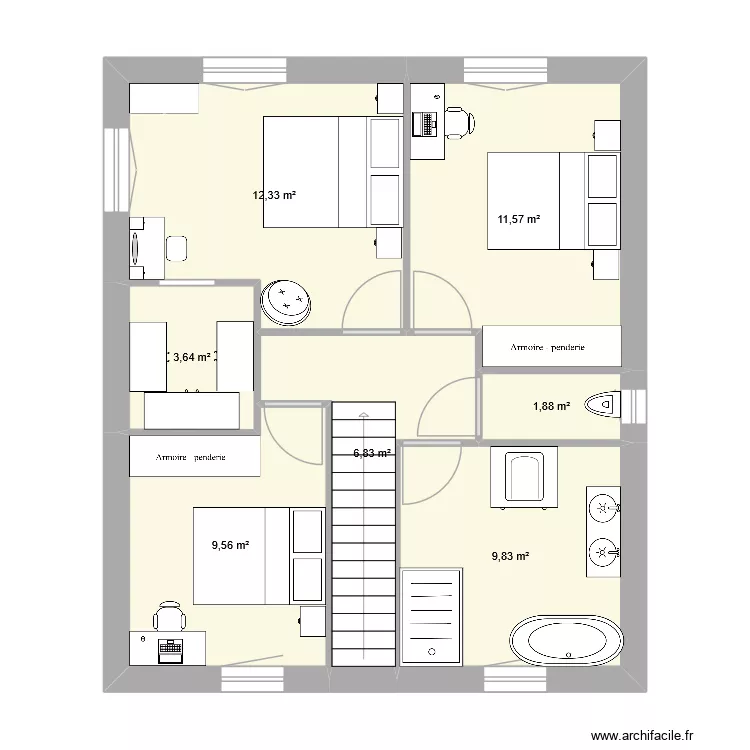 Etage. Plan de 7 pièces et 56 m²