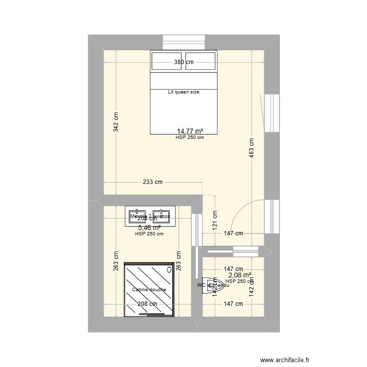 suite parentale. Plan de 3 pièces et 22 m2