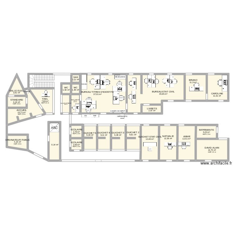 Organisation accueil public Mairie. Plan de 27 pièces et 235 m2