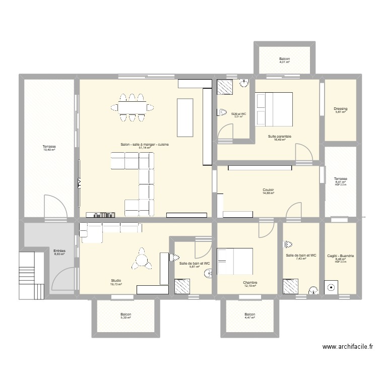 Appartement + Studio Sohoa. Plan de 16 pièces et 192 m2