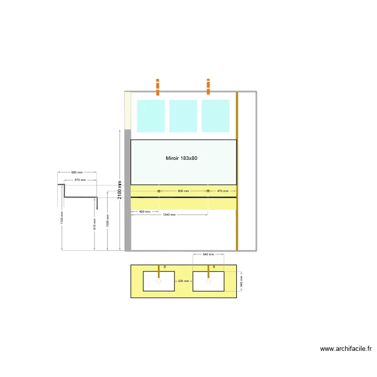 SDB Parents Meuble Lavabo. Plan de 2  et 6 m²