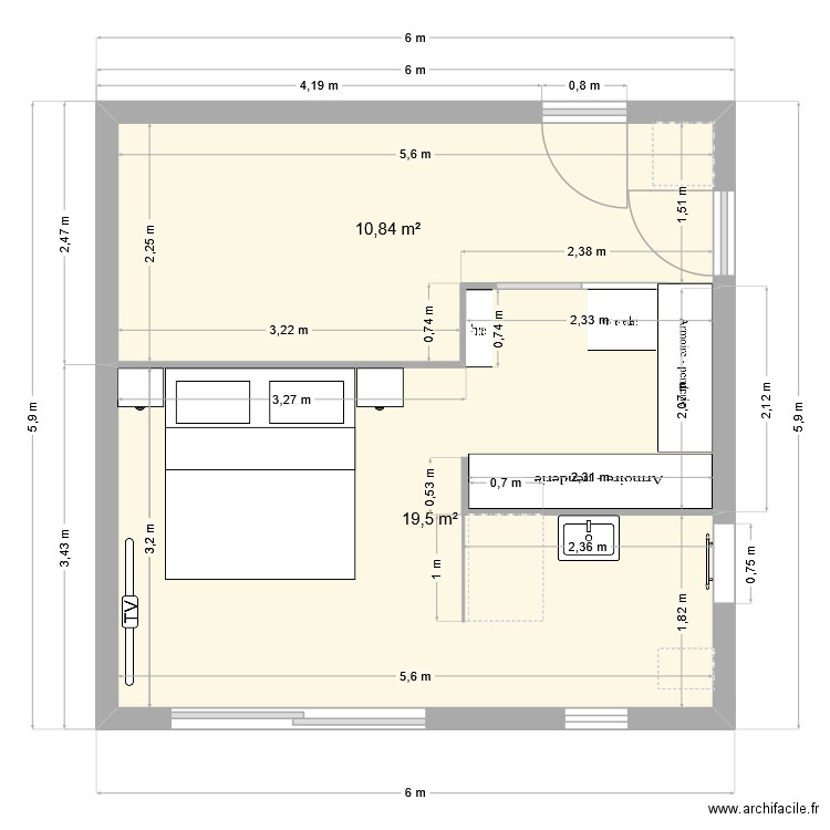 Suite parentale. Plan de 2 pièces et 30 m2