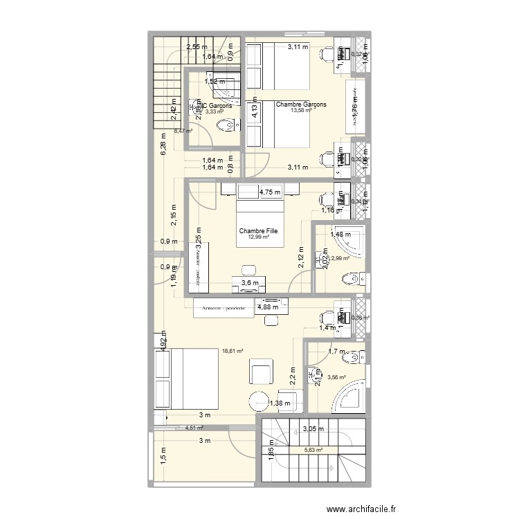1er Niveau Limete meublé. Plan de 13 pièces et 75 m2