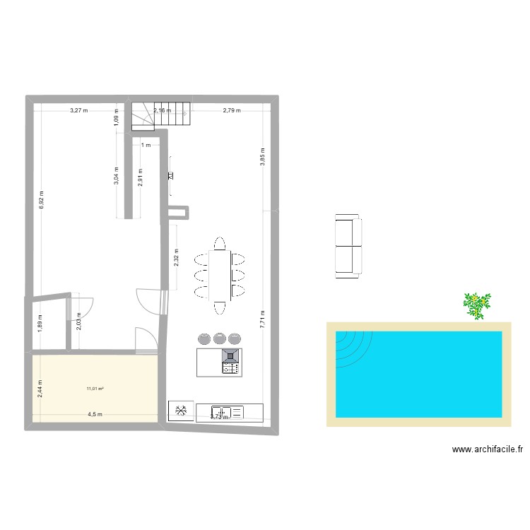 lts mesures. Plan de 1 pièce et 11 m2