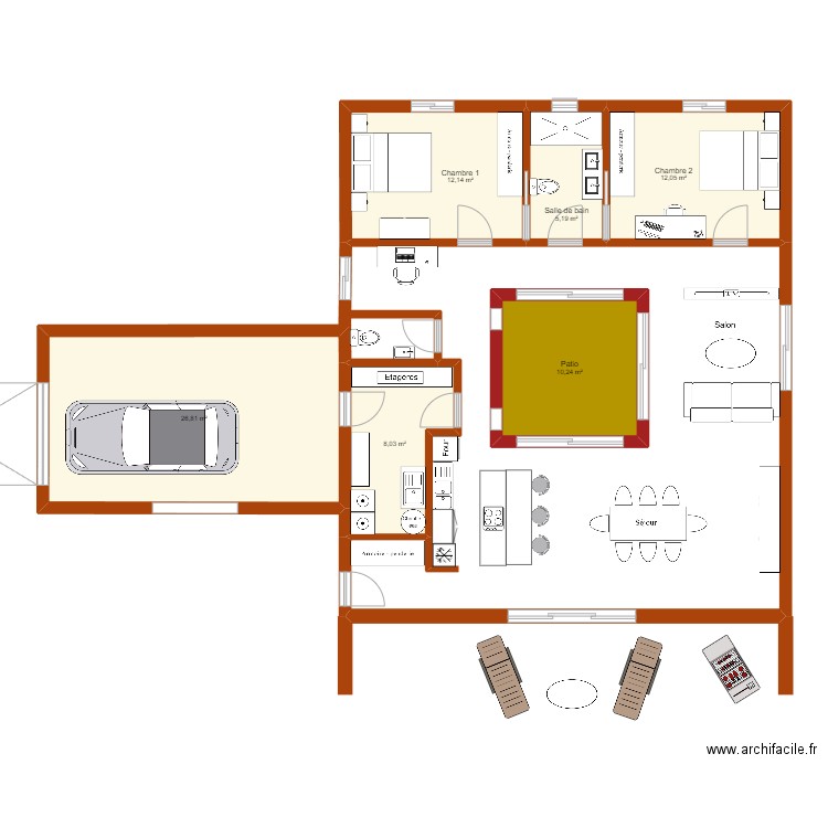 maison plein pied patio. Plan de 6 pièces et 74 m2