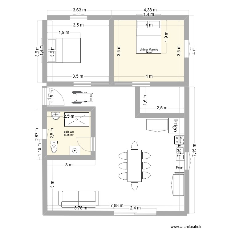 mamie. Plan de 2 pièces et 20 m2