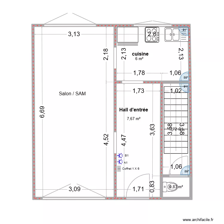 pr&eacute;visite  rez de chauss&eacute;e implantation. Plan de 5  et 39 m²
