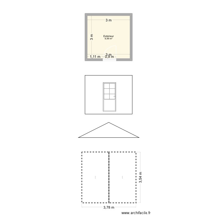 Cabanon jardin. Plan de 1 pièce et 9 m2