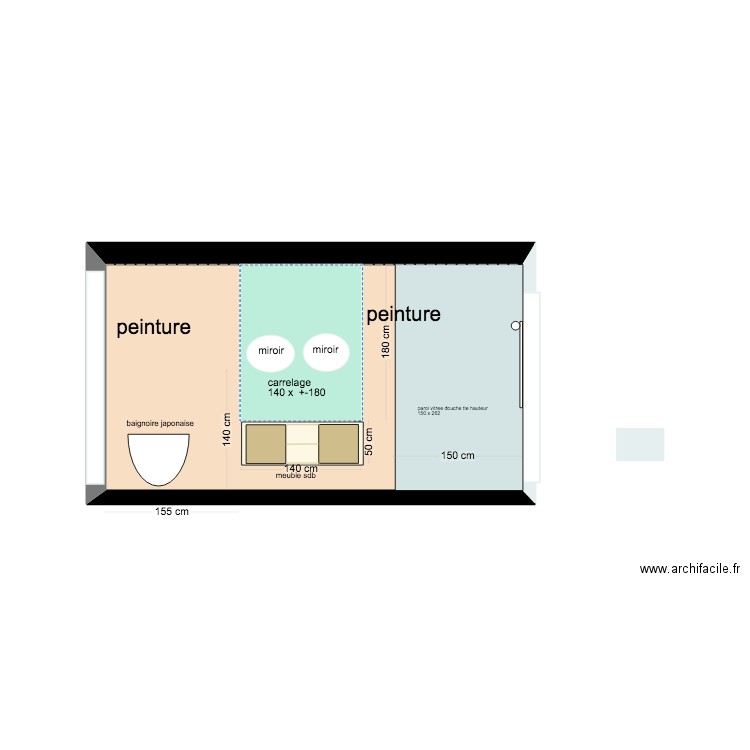 vue en long coupe sdb . Plan de 1 pièce et 13 m2