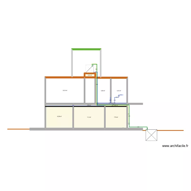 Coupe AA-Alimentation et distribution eau. Plan de 9  et 60 m²