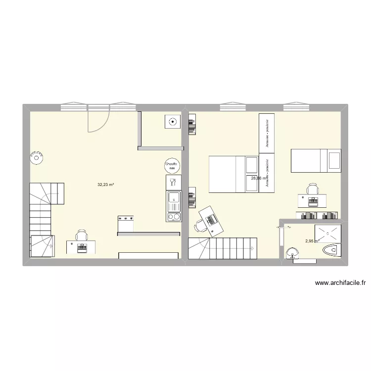 T3 projet RdeCh. Plan de 1 pièce et 32 m²