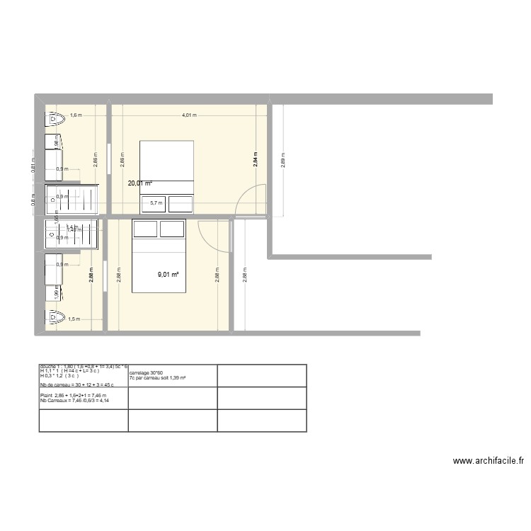 plan SDB monfermier. Plan de 2 pièces et 29 m2