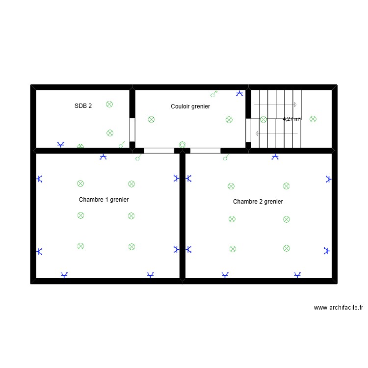 RDC. Plan de 5 pièces et 48 m2