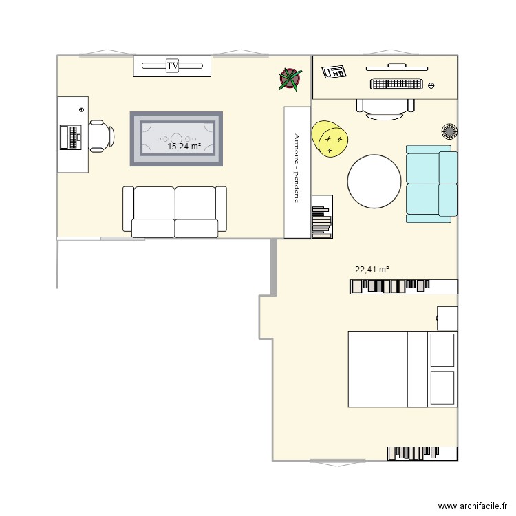 Chambre + salle. Plan de 2 pièces et 38 m2