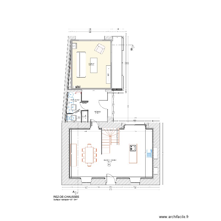 Plan RDC Vieille Cote. Plan de 1 pièce et 22 m2