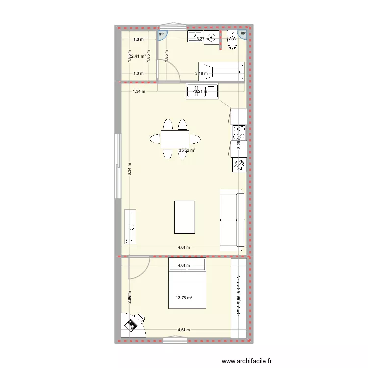 Studio bonne &eacute;chelle. Plan de 3  et 52 m²