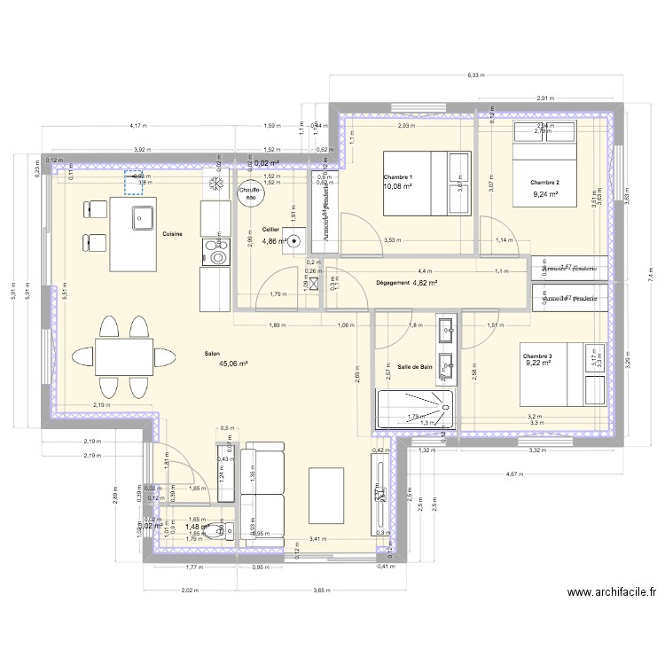 ESSAIE. Plan de 10 pièces et 85 m2