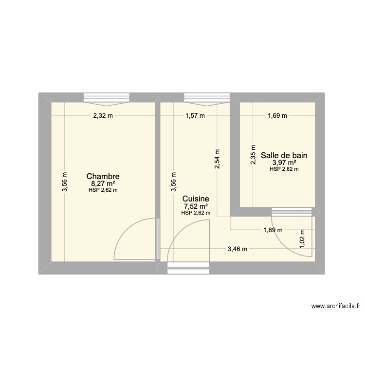 RDC AVANT 2. Plan de 3 pièces et 20 m2